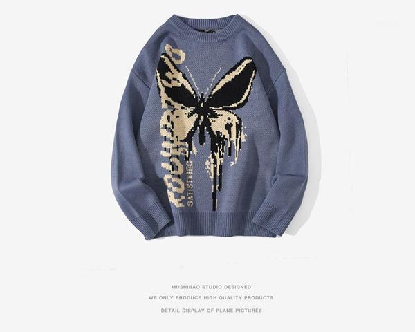 

2021 new fashion butterfly print ethnic style original round neck sweater men pullover personality hip-hop sweater autumn1, White;black
