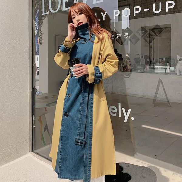 

ewq] 2020 autumn new korean loose patchwork long coat with sashes female double breasted turn-down collar coats windbreaker, Tan;black