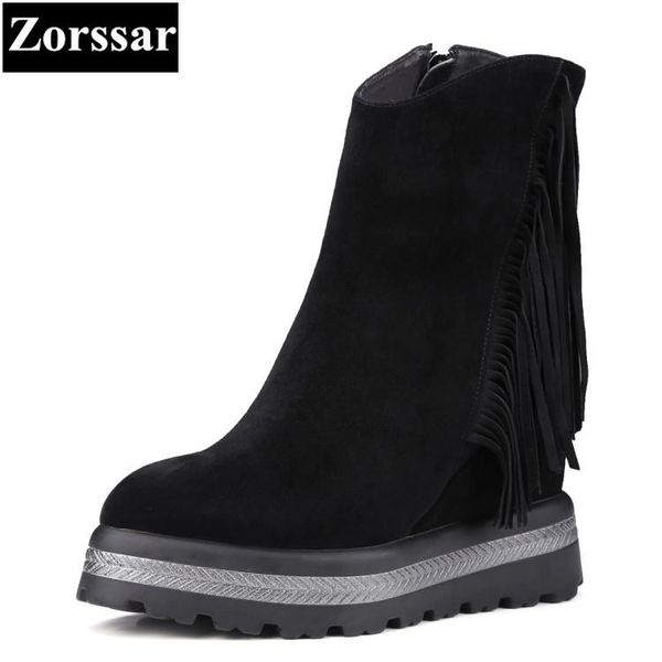 

zorssar} 2020 new winter ladies shoes pointed toe cow suede high heels ankle boots fashion tassel wedges women snow boots, Black