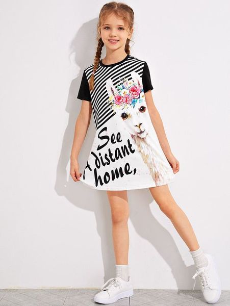 

girls animal & slogan graphic striped dress she, Red;yellow