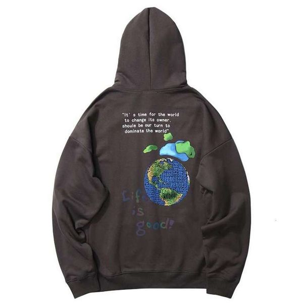 

Hip Hop Streetwear Hoodies Globe Print Men Harajuku Trui Hoodie Winter Fleece Catoen Herfst Sweatshirt Losse, Black
