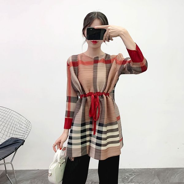 

miyake плиссированного плед топ coatprint топ осень зима 2019 новой плиссированный длинный рукав дна рубашки появится надпись похудения темп, White