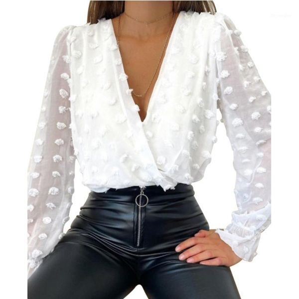 

women deep v neck white jacquard fashion shirt female long sleeve chic shirt polka dot solid color mesh blouses d301