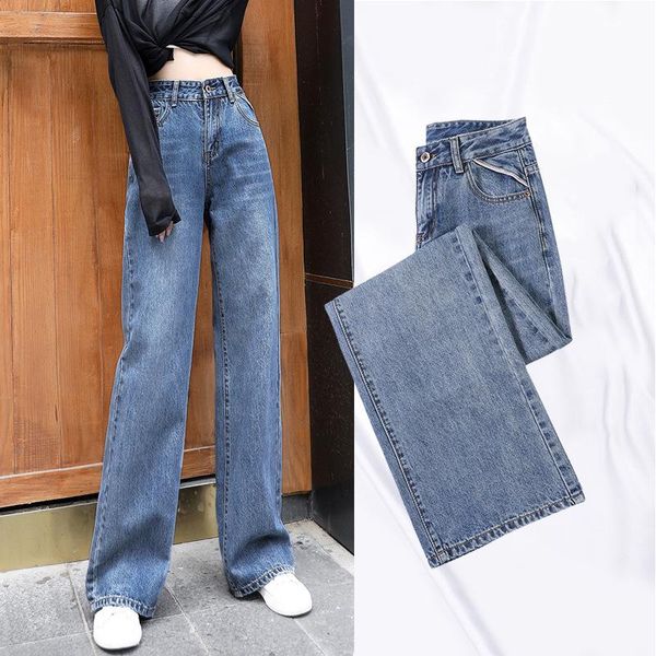

2020 upscale women jeans high waist loose wide leg pants ladies long pants denim trousers full-length streetwear vintage fashion, Blue