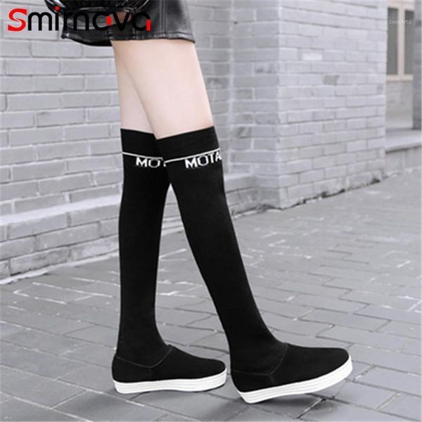 

smirnova new arrive flock+ knitting woman boots 2020 over the knee boots casual med heels thigh high winter shoes ladies1, Black