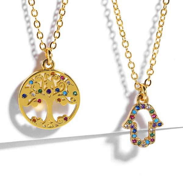 

chains colorful cz lucky hamsa fatima hand necklace tree of life pendant gold color long chain boho jewelry for women nke-p38, Silver