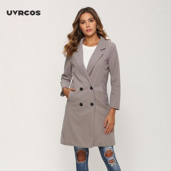 

uvrcos women autumn winter woollen coat long sleeve turn-down collar oversize blazer outwear jacket elegant overcoats loose plus1, Black