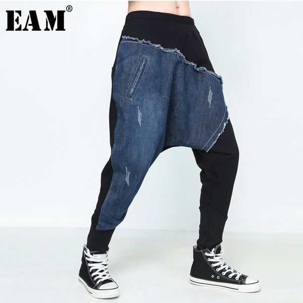 

eam] 2020 spring new pattern fashion personality denim stitching elatic waist cross-pants tide loose women trousers yc22301 1020, Black;white