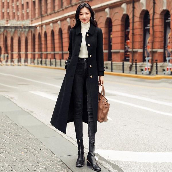 

blended wool coat women jacket autumn winter long slim coats jackets ladies thick warm elegant woolen outerwear1, Black