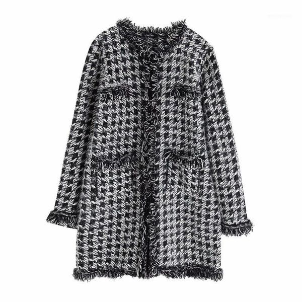 

women's wool & blends autumn 2021 women's round neck curled long sleeve burr trim coat pocket with twill soft tweed 068731338001, Black