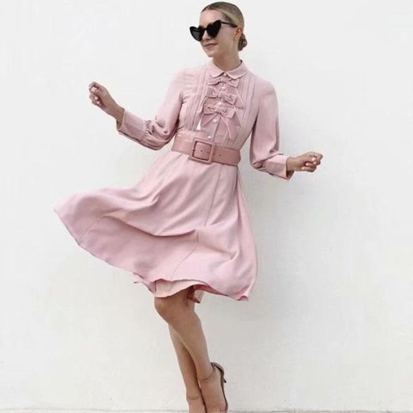 

autumn suit-dress lapel long sleeve bow long pink colour dress1, Black;gray