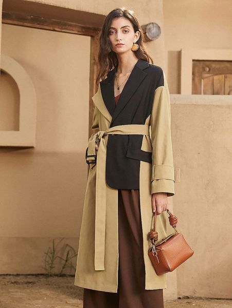 

two tone drop shoulder buckled belted trench coat d4ik#, Tan;black