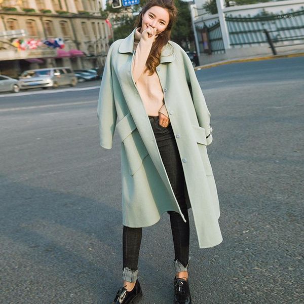 

office lady loose long wool blend ladies coat turn-down collar women's jacket covered button korean womens fashion coat1, Black