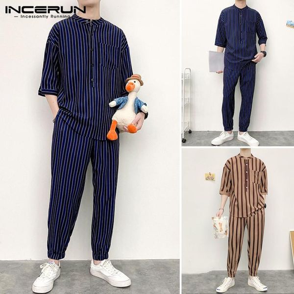 

men summer comfortable suits men fashion striped sets half sleeve round neck shirts casual pants 2 pieces streetwear plus size1, Gray