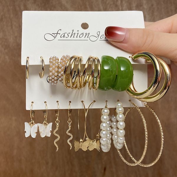 

5 pair a set cute acrylic earrings set for women fashion gold geometric circle chain earring vacation party jewelry wholesale, Golden;silver