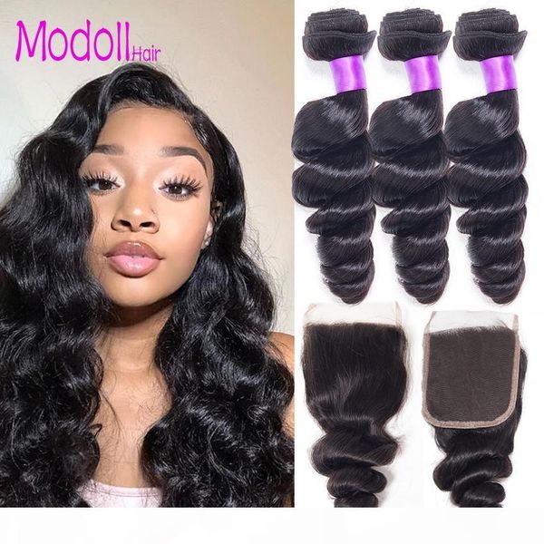 

loose wave human hair bundles with closure brazilian virgin hair weave bundles with closure remy human hair 3 4 bundles with closure, Black;brown