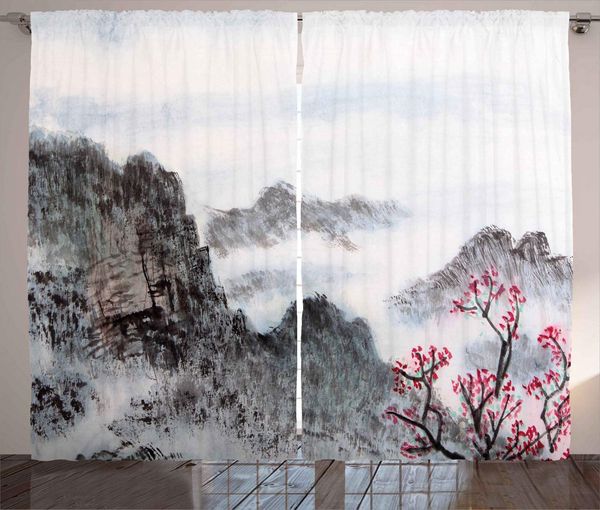 

asian curtains traditional chinese painting landscape sakura cherry tree cloudy mountains living room bedroom window drapes seal