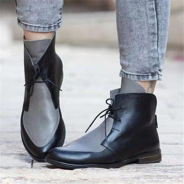 

nice women ankle boots warm flat heel female botas mujer plus size 43 pointed toe lace up 2020 fashion shoes for woman, Black