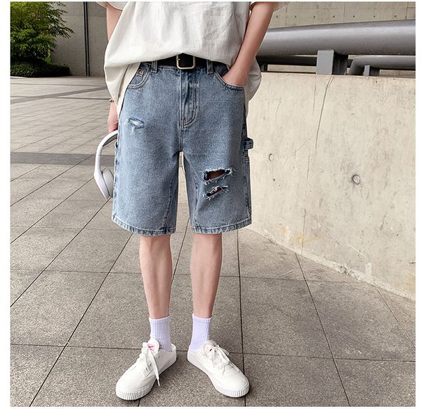 

2021 the new summer denim torn shorts cotton pants straight at height thin knee breathable color jeans xxl 6mkw, Blue