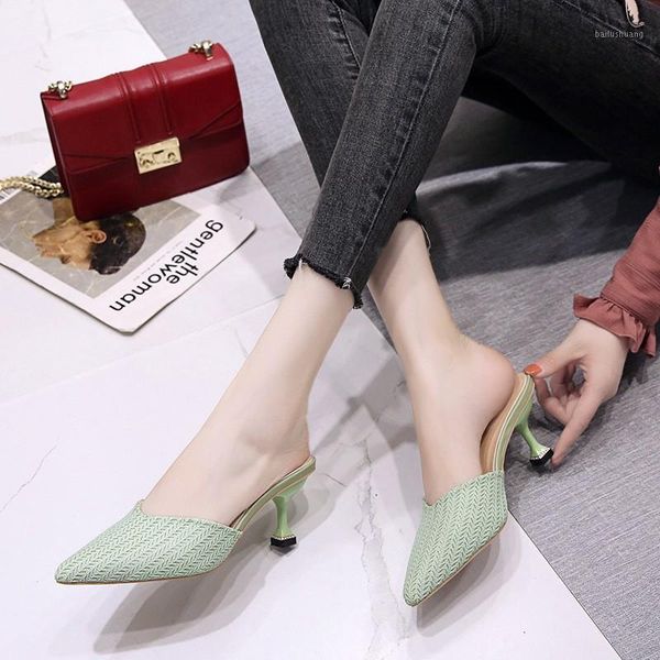 

ladies shoes woman slippers 2020 new slippers women shoes cover pointed toe solid leather thin high heels casual1, Black