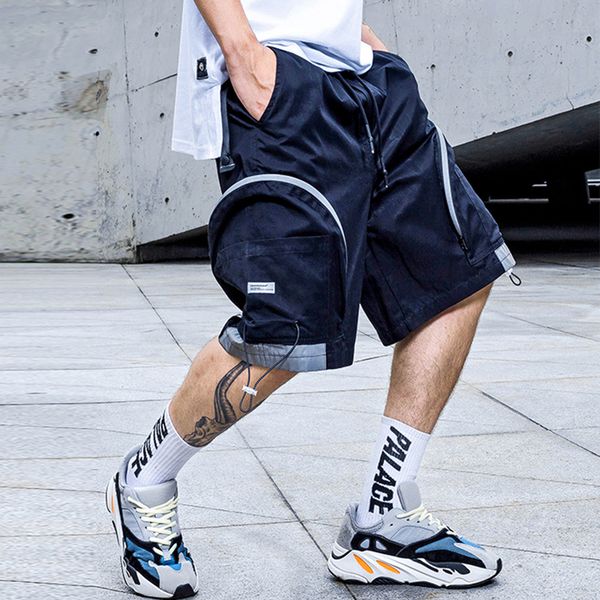 

men big pocket design harem shorts reflective striped jogger fashion summer streetwear hip hop pants kg-4, White;black