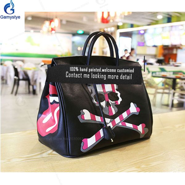 

fahion striped flag punk rock skull women genuine leather handbag hand painting drawing bags real cowskin designer classic tote, Black;red