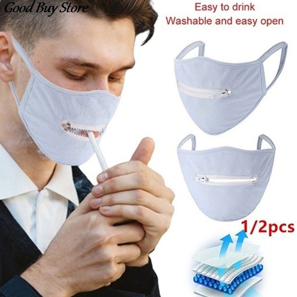 

men women zipper 2pcs mask washable for protective drink smoke reusable face masks facial cover mouth protect