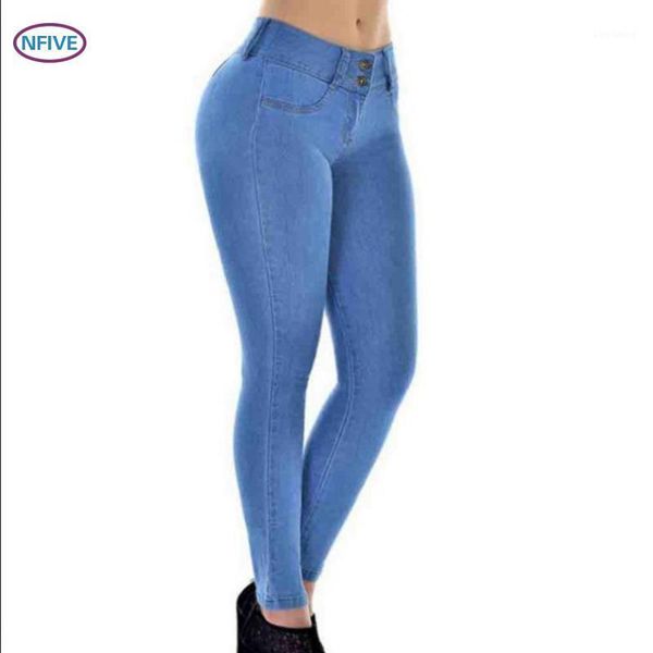

nfive brand 2018 woman elastic slim jeans new fashion spring europe america long trousers all-match high waist pencil britches1, Blue