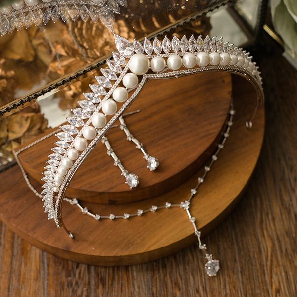 

tmbridal zircon water headdress new dance a3380 pearl crown necklace set wedding dress hair accessories m, Silver