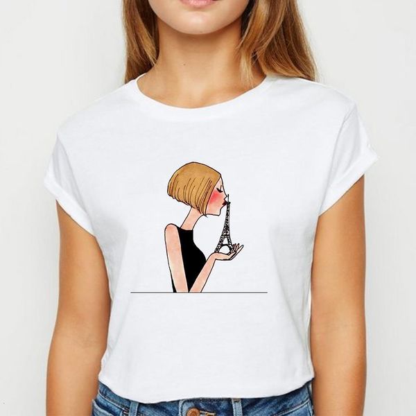 

paris girls kiss tshirt harajuku spring summer vestidos t shirt women streetwear comfortable tee shirt round collar t-shirts, White