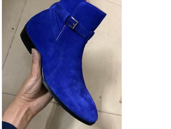

2020 new men boot royal blue suede boots point toe buckle ankle boots sliver buckle mujer botas party shoes men, Black