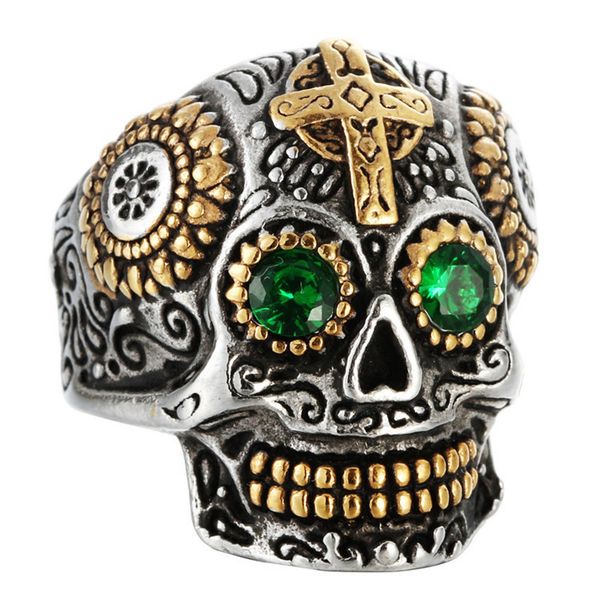 

new hiphop cool death skull head ring men's gothic carving ring 316l stainless steel cross skull ring halloween jewelry accessories, Golden;silver