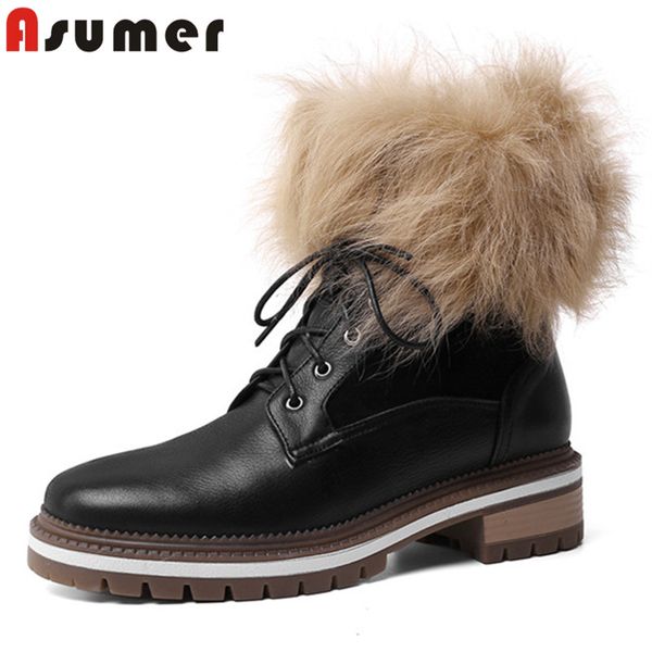 

asumer 2020 genuine leather shoes women winter boots round toe lace up square heel comfortable ankle boots woman, Black