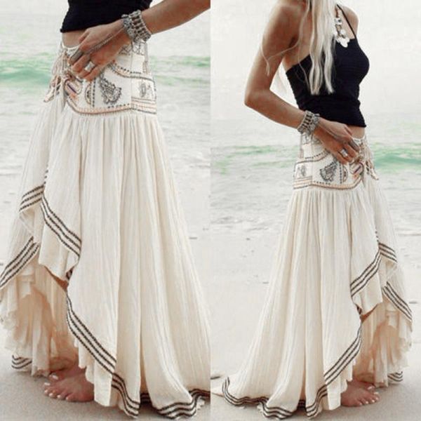 

skirts summer 2021 women maxi high waist casual fahsion vintage ethnic style elegant stitching irregular chiffon beach skirt1, Black