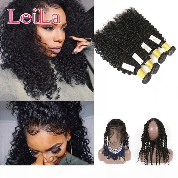 

malaysian hair bundles with 360 lace frontal pre plucked baby hair 5 pieces lot deep wave human virgin hair bundle with lace closure, Black;brown