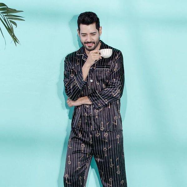 

men's sleepwear long sleeve spring pajamas sets large silk satin couple matching lounge wear pijama hombre household clothes df50ps, Black;brown