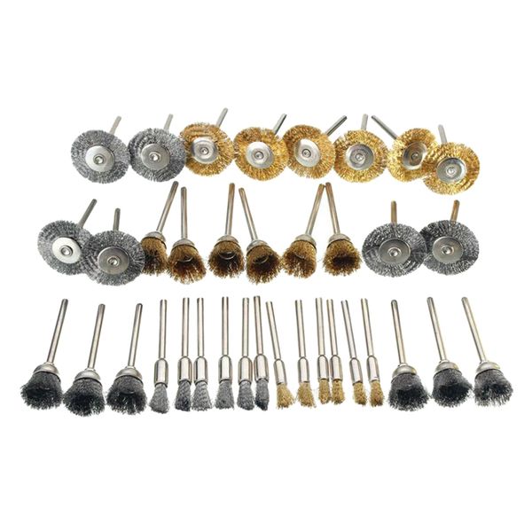 

36pcs wire brushes, wheel & cup brushes 1/8\" in shank, sanding brushes for various drills for removal of rust, paint for power, garden