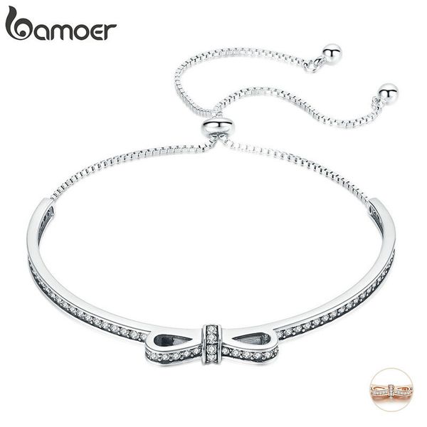

bamoer 925 sterling silver bowknot clear cubic zircon bangles bracelets for women sterling silver jewelry scb108 t200323, Golden;silver