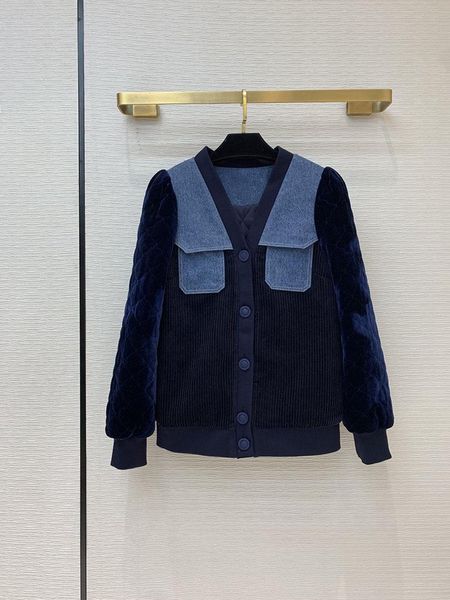 

casual chic parkas jacket luxury 2021 winter womens clothing new casual all-match denim stitching corduroy v-neck cotton jackets, Black