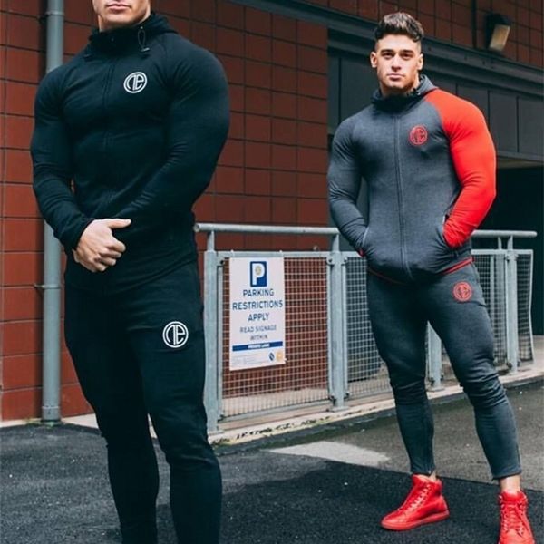 

autumn tracksuit gym running men set sport wear mens fitness bodybuilding male sport suit hoodied+pants joggers tracksuit 201207, Gray