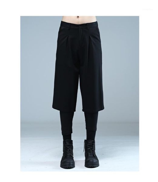 

original art fan loose cropped trousers male fake two-piece retro waist tie drape wide leg pants 5cm1, Black