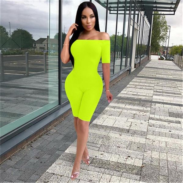 

2020 women neon color slash neck off shoulder jumpsuit rompers one piece short sleeve bodycon summer playsuit biker shorts1, Black;white