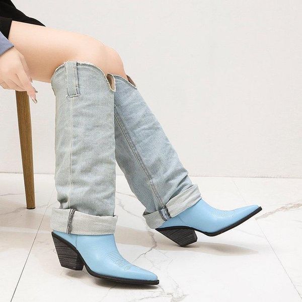

jean boots women's kne-high boot slip-on high heel woman pointed jeans boots ladies denim boot female shoes1, Black