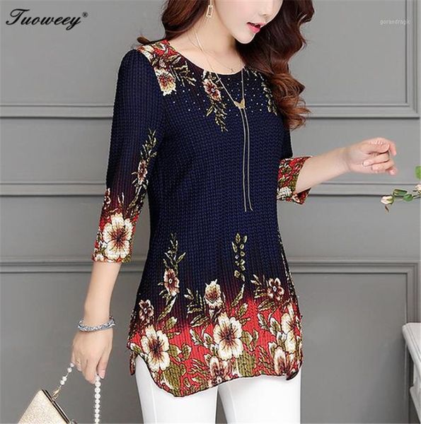 

2019 new arrival fashion summer three quarter slim floral long shirt female casual slim color plus size elegant printed blouse1, White