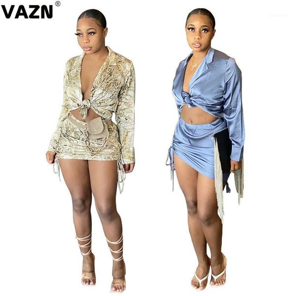 

vazn s-xxl 2020 special young lady khaki blue solid 2-piece short set full sleeve knotted t shirt mini skirt set daily sets1, Gray