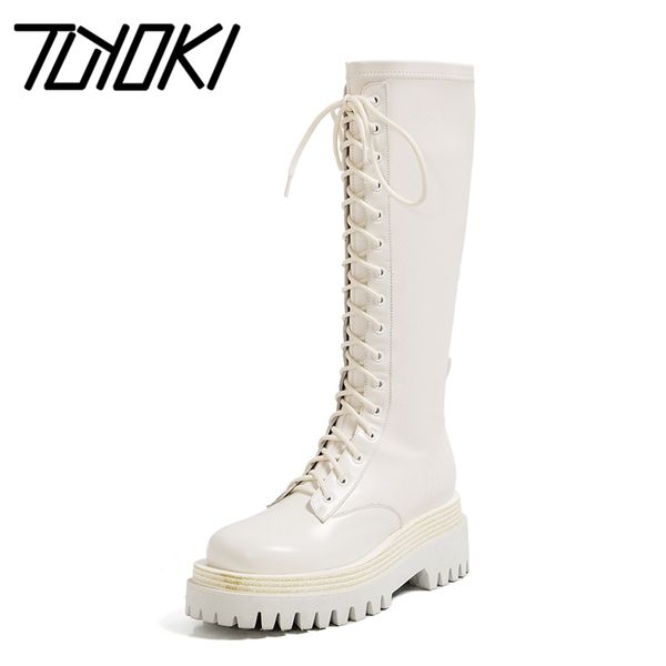 

tuyoki real leather woman knee boots fashion platform cross strap warm winter shoes woman thick heel short boot size 34-40, Black