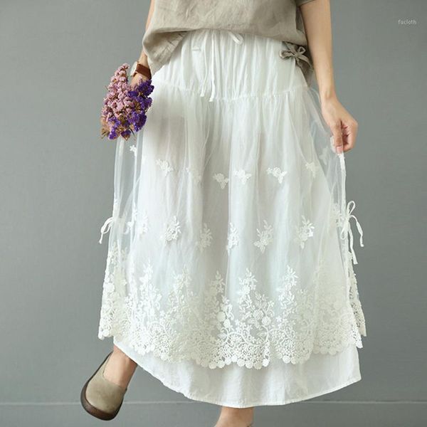 

mori girl lace cotton organza skirt women double layer mesh loose floral embroidery female casual sweet princess skirt u0011, Black