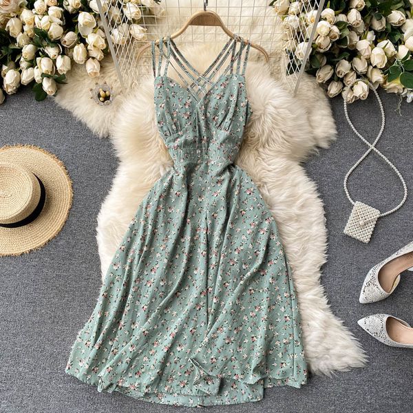 

2021 new vintage slingsfloral singiny girlie dress back-to-back the line summer vacation beach dressed nkxy, Black;gray