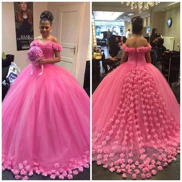 

beautiful off shoulder 3d handmade flowers accented rose pink little train dancing quinceanera gown debutante ball gown military party dress, Blue;red