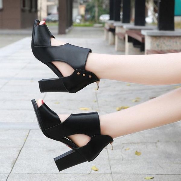 

sandals women's summer thick heels zipper peep toe ladies pumps hollow rivets female high heel woman shoes plus size 34-42, Black